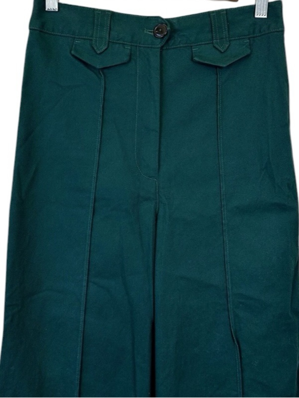 Anthropologie High Rise Wide Leg Flared Pants 1970's Deep Teal Green Sz 0 Cotton - Picture 9 of 12